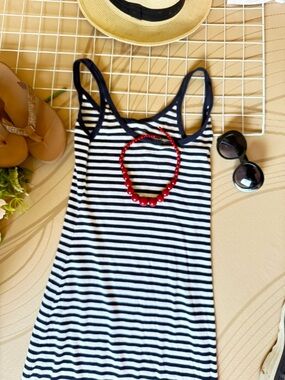 Striped Navy and White Tank Dress with Red Bead Necklace